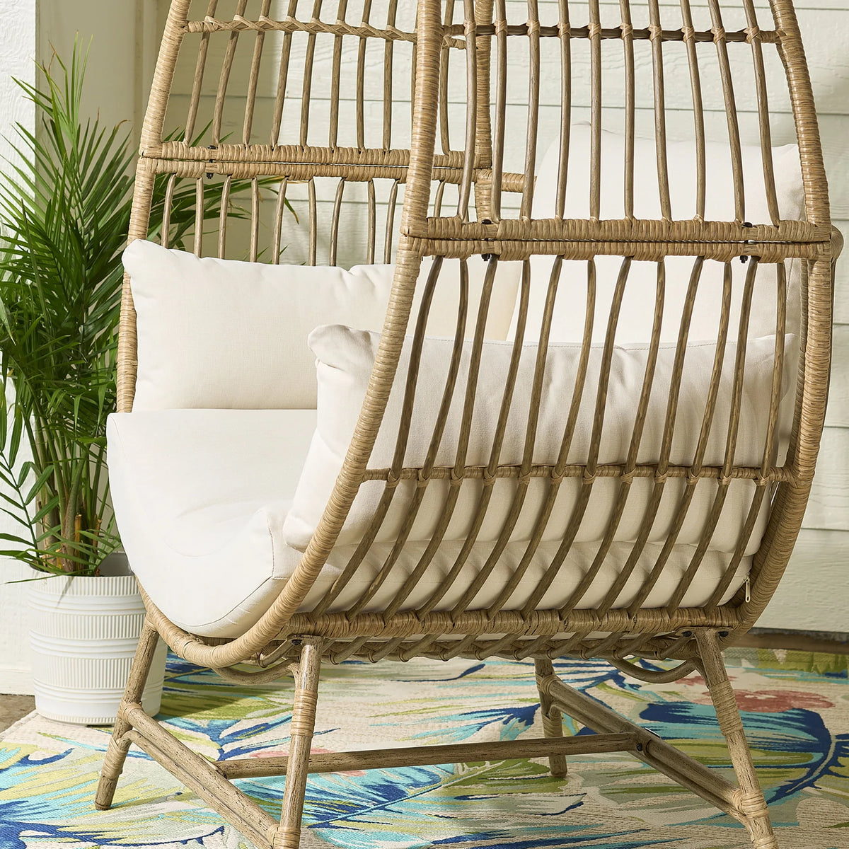 Beige Round Wicker Outdoor Egg Chair L405
