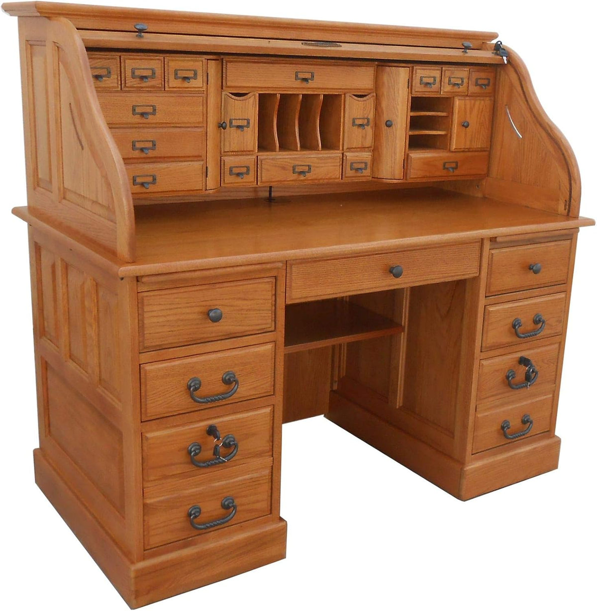 54 inch Solid Oak Wood Roll Top Desk with Locking File Drawers A149