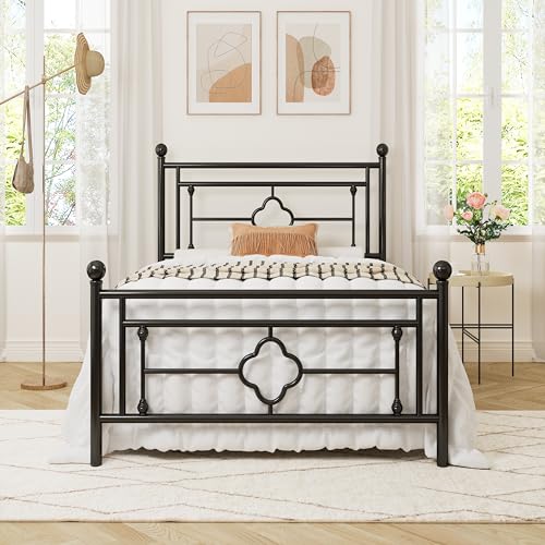 White Full Size Metal Platform Bed Frame with Victorian Headboard and Footboard N986