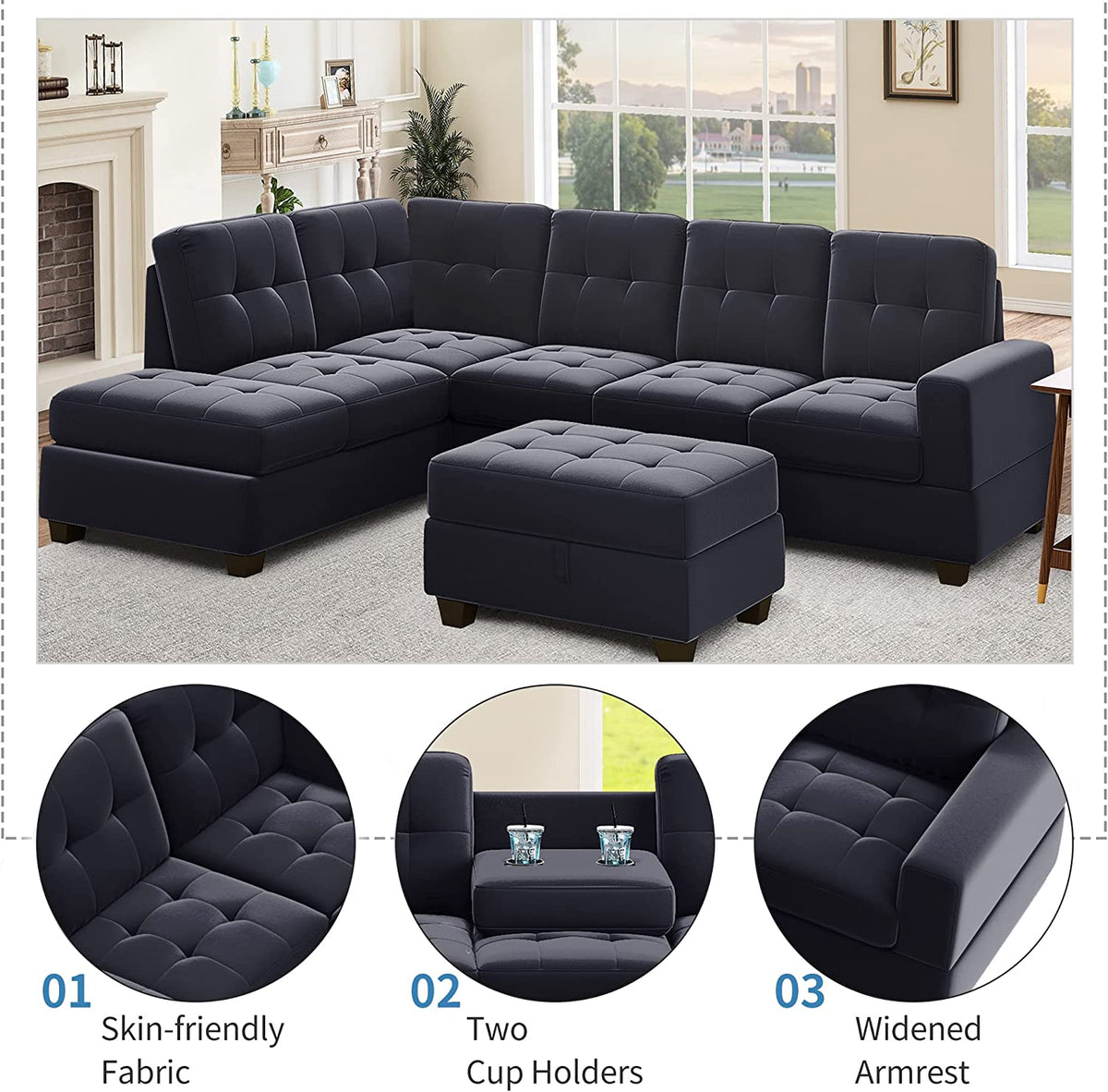 Modern Sectional Sofa with Reversible Chaise, L Shaped Couch Set with Storage Ottoman and Two Cup Holders Z938