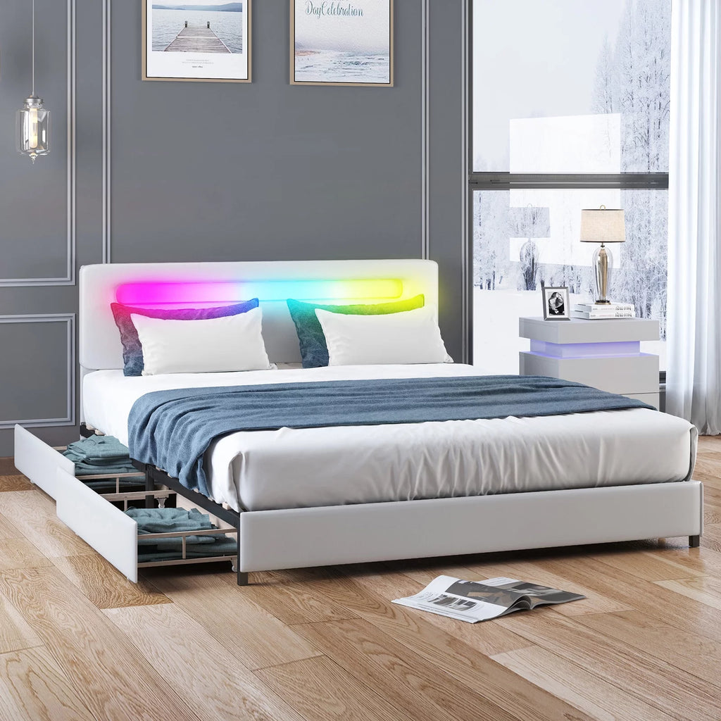 King Bed Frame with 4 Storage Drawers, Adjustable Headboard, White T43213