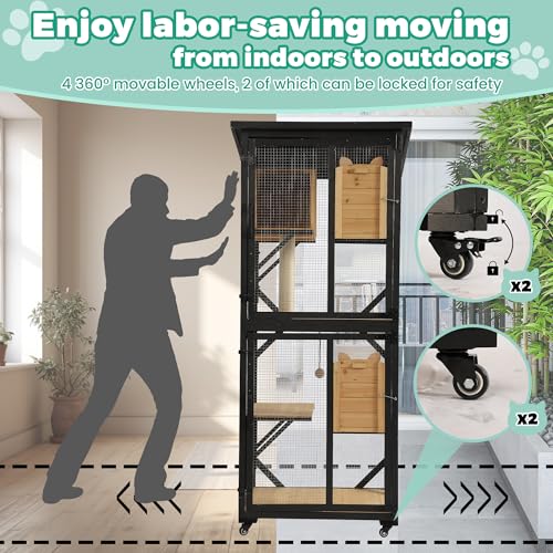 71" 4 Tiers Wooden Cat Enclosure with Wheels and Waterproof Roof (Black) I9114