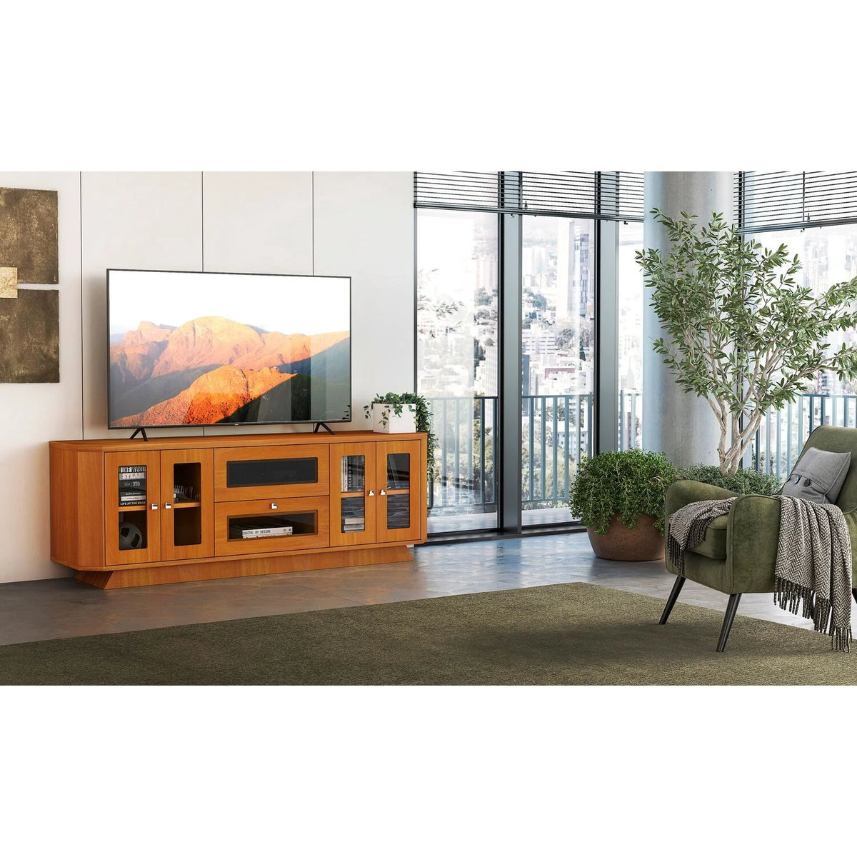 70" Transitional TV Stand with Brazilian Cherry Veneers in Light Cherry Finish K4385