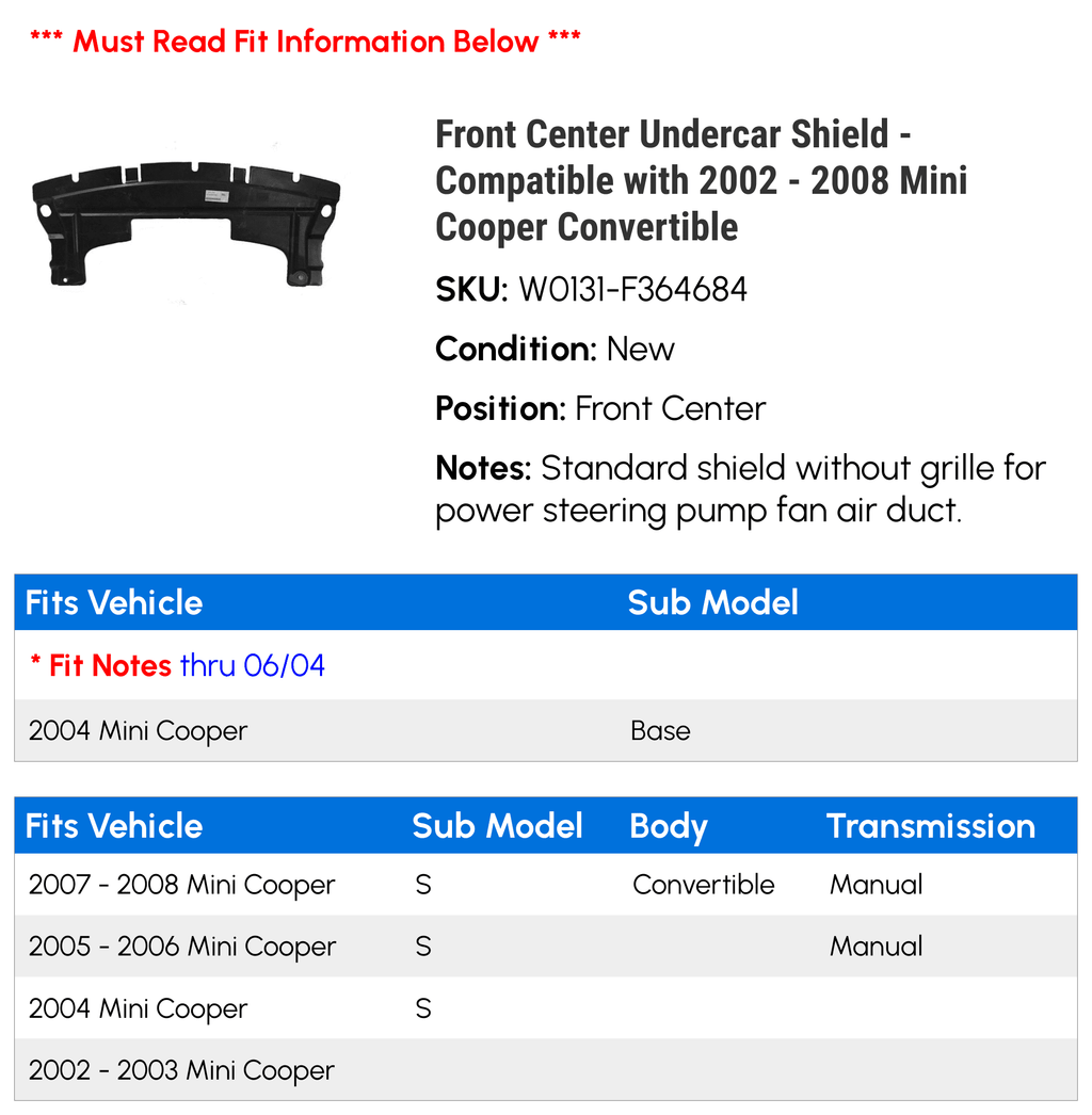 Front Center Undercar Shield for Mini Cooper Convertible R63071