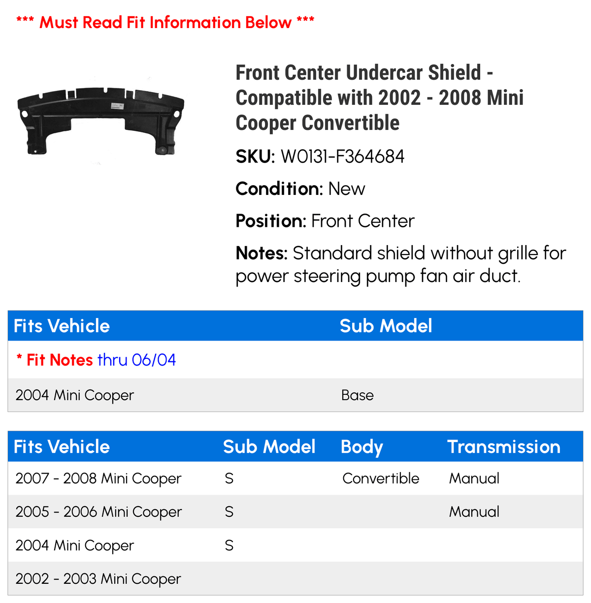 Front Center Undercar Shield for Mini Cooper Convertible R63071