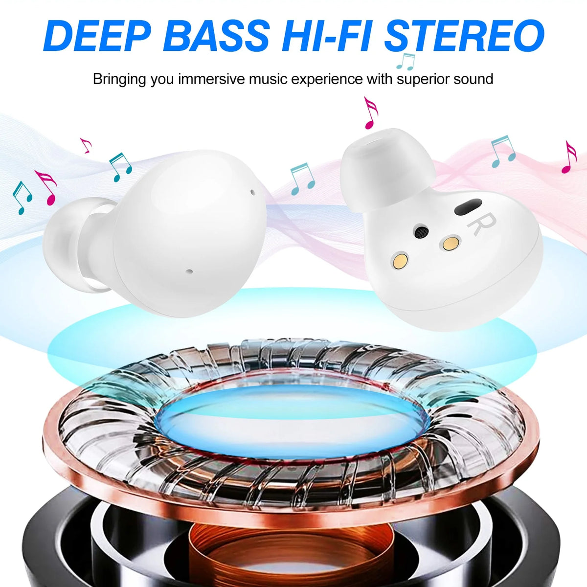 White Truly Wireless Bluetooth Headphones with Noise Isolation R610