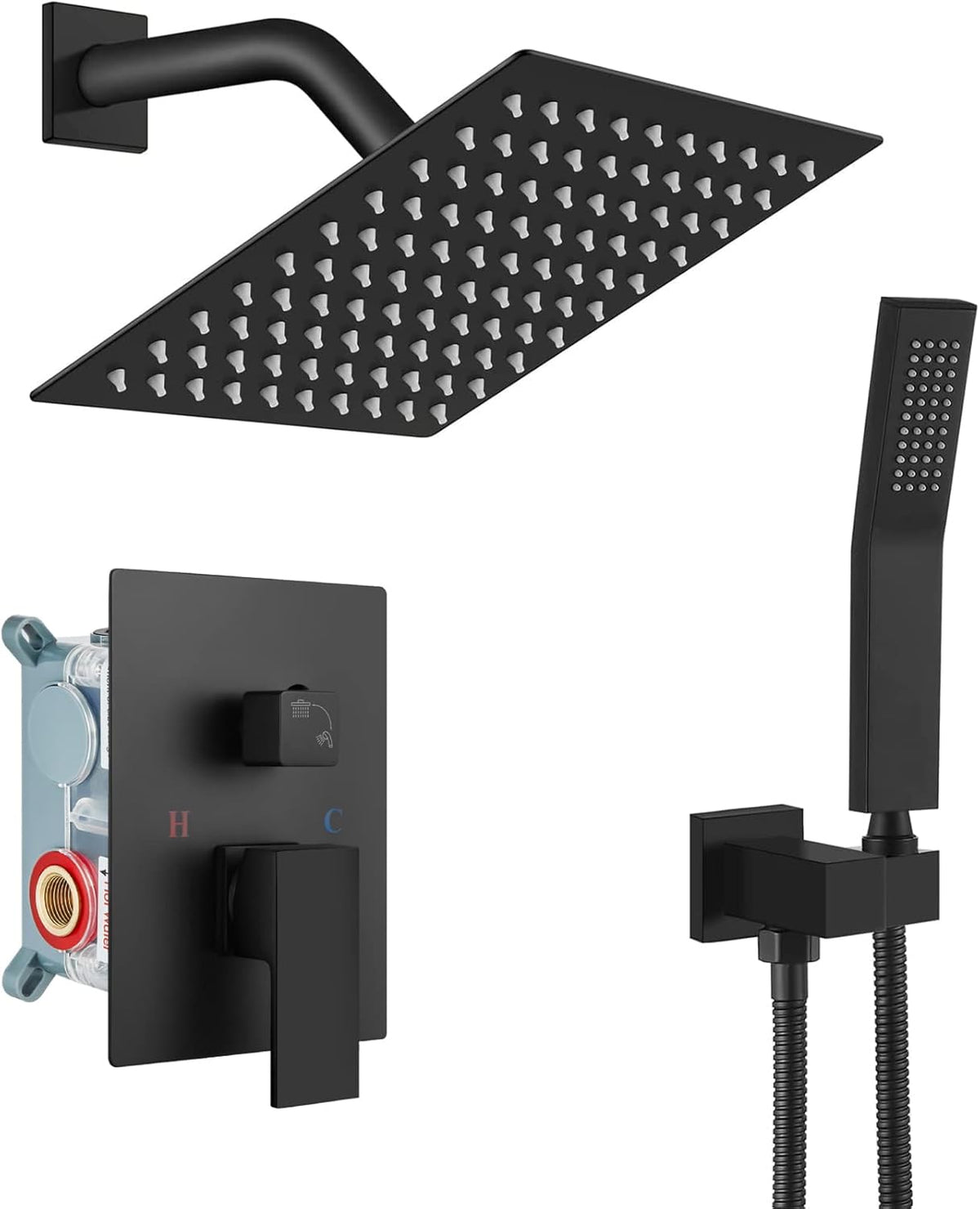 Matte Black 10 inch Square Shower Head Hand Held Shower Complete Combo Set Wall Mounted B6066