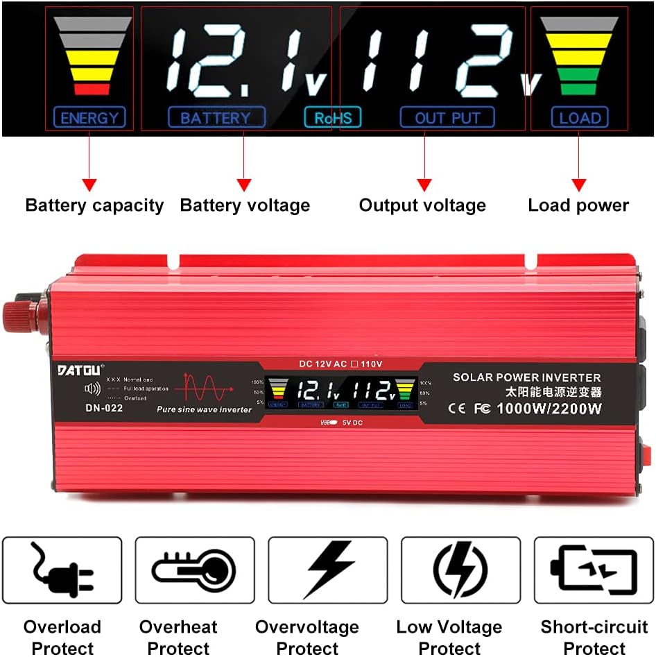 1000W Pure Sine Wave Power Inverter 12V 110V DC to AC Car Inverter with LED Display H5022