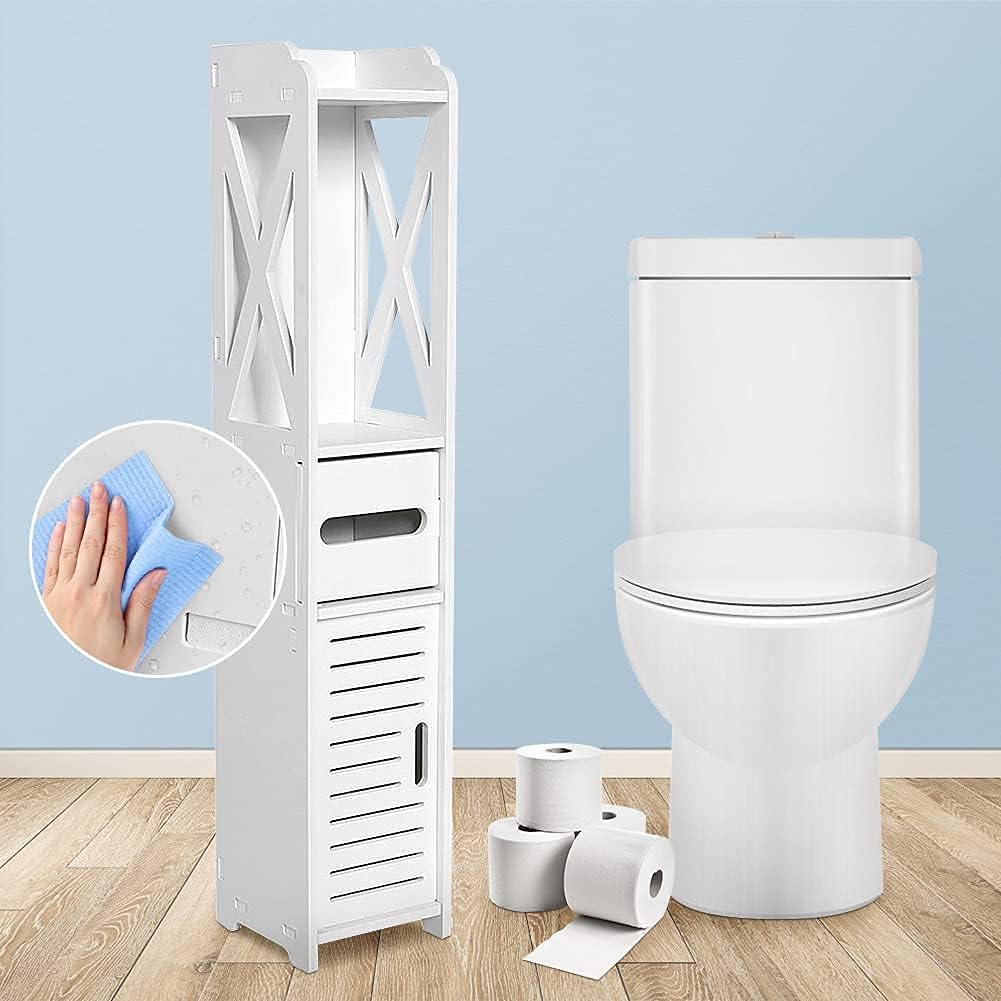 White Bathroom Floor Cabinet Storage Organizer, 31.5 x 6.1 x 5.9 inch J25638