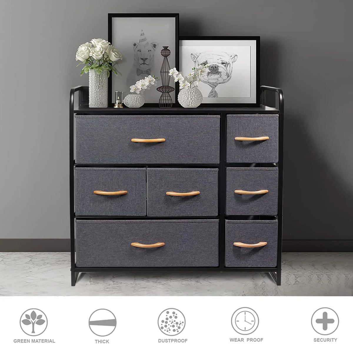Fabric Storage Dresser with 7 Drawers, Metal Frame and Wooden Top, Dark Grey R56311