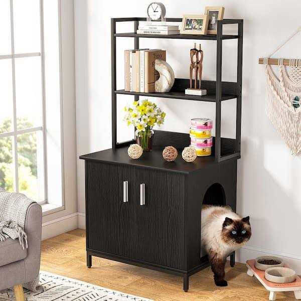 Black Litter Box Enclosure with Shelves and Doors C950