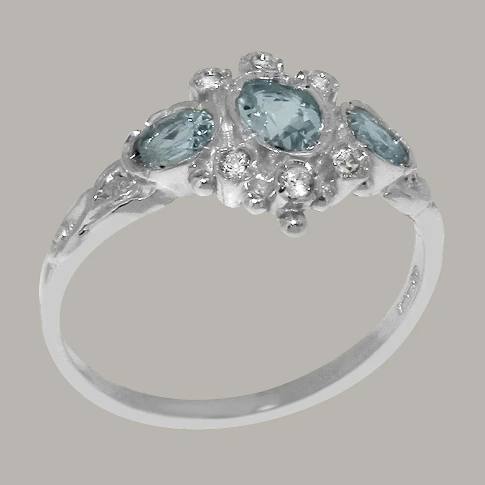 14k White Gold Genuine Natural Aquamarine & Diamond Ring C628