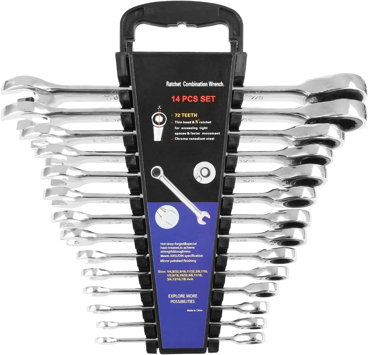 14-Piece Ratcheting Combination Wrench Set, Chrome Vanadium Steel F4841