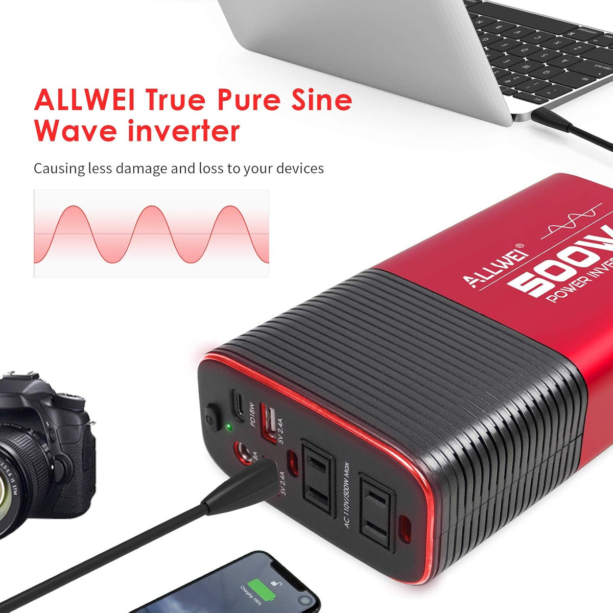 500W Pure Sine Wave Power Inverter DC 12V to AC 110V Car Inverter with Type C PD18W/12V DC Output/4.8A Dual USB Charging Ports and 2 AC Outlets Pack of 2 Q8681