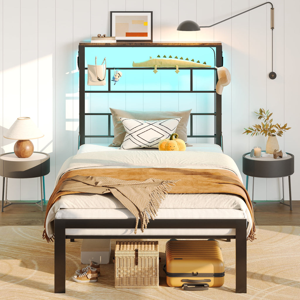 Queen Size Black Metal Platform Bed Frame with Storage Headboard R91862
