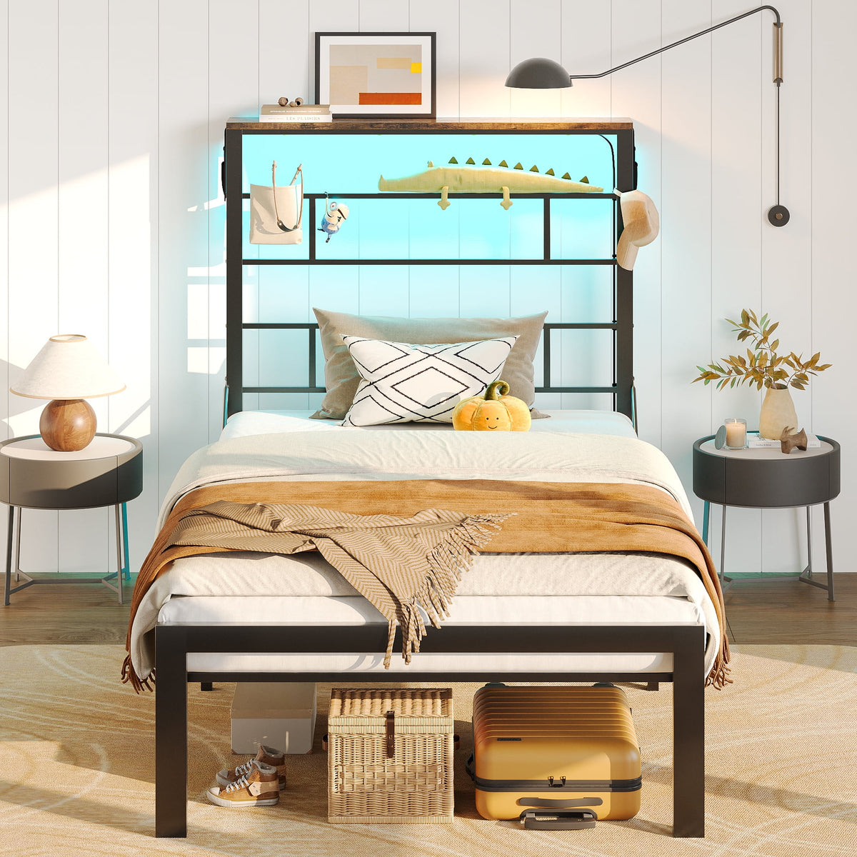 Queen Size Black Metal Platform Bed Frame with Storage Headboard R91862