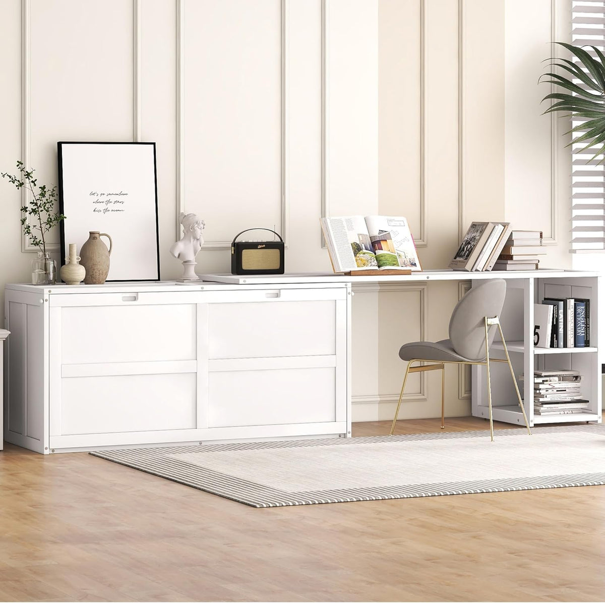 White Queen Size Murphy Bed with Storage Drawers R39171