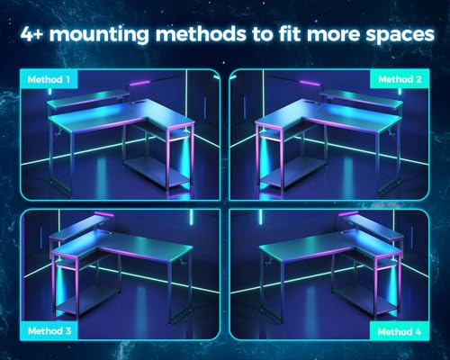 Black L Shaped Gaming Desk with Power Outlet, Height Adjustable Monitor Stand, LED Lights V47139