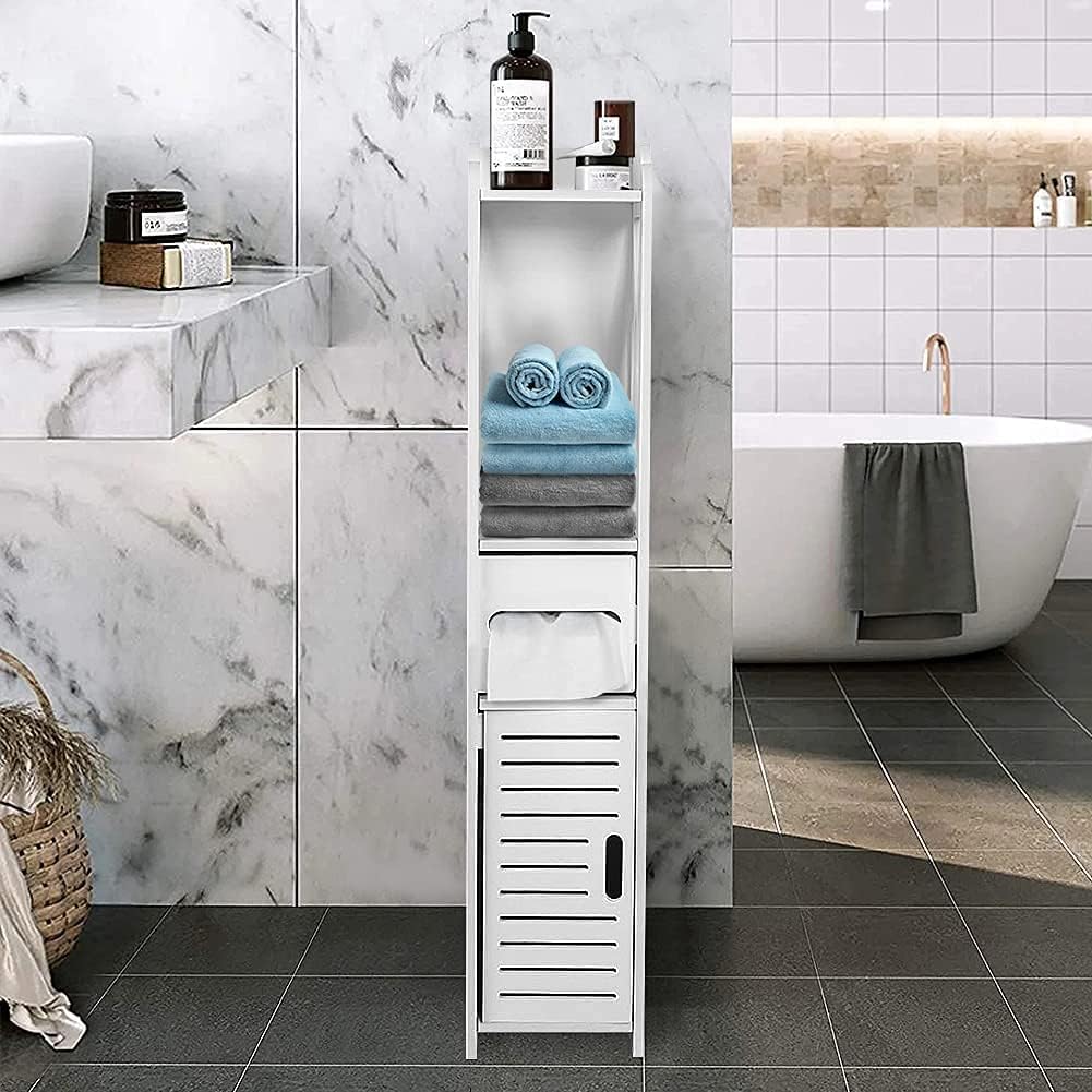 White Bathroom Floor Cabinet Storage Organizer, 31.5 x 6.1 x 5.9 inch J25638