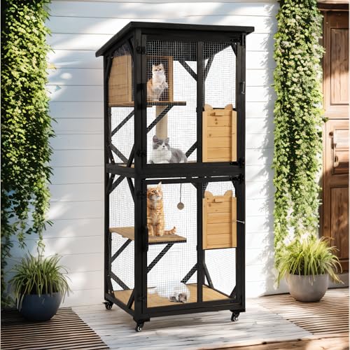 71" 4 Tiers Wooden Cat Enclosure with Wheels and Waterproof Roof (Black) I9114