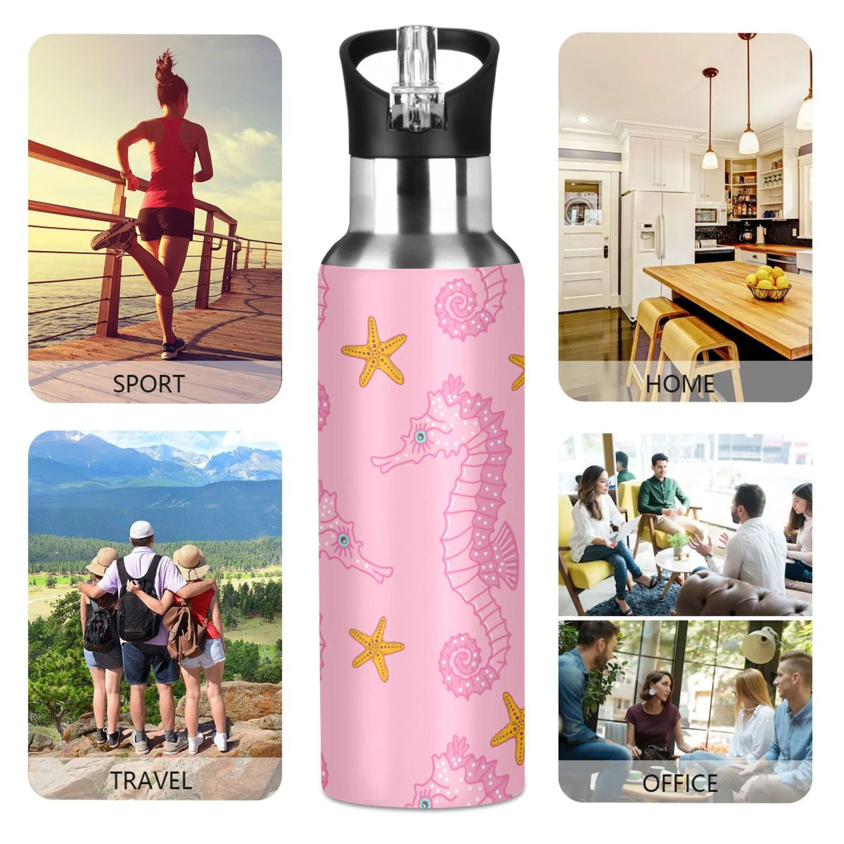Pink Seahorse Starfish Stainless Steel Insulated Water Bottle F64998