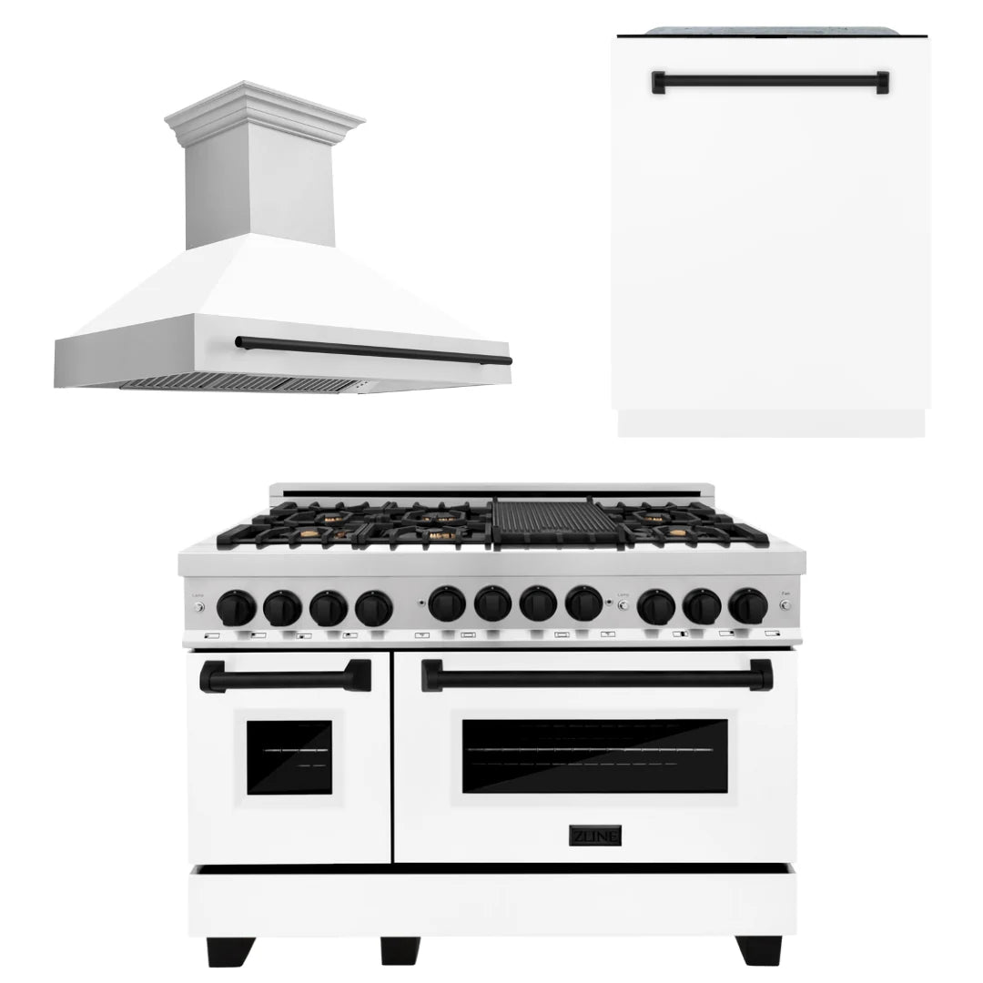 48 In. Gas Range, Range Hood, Dishwasher in White Matte with Matte Black Accents K770128