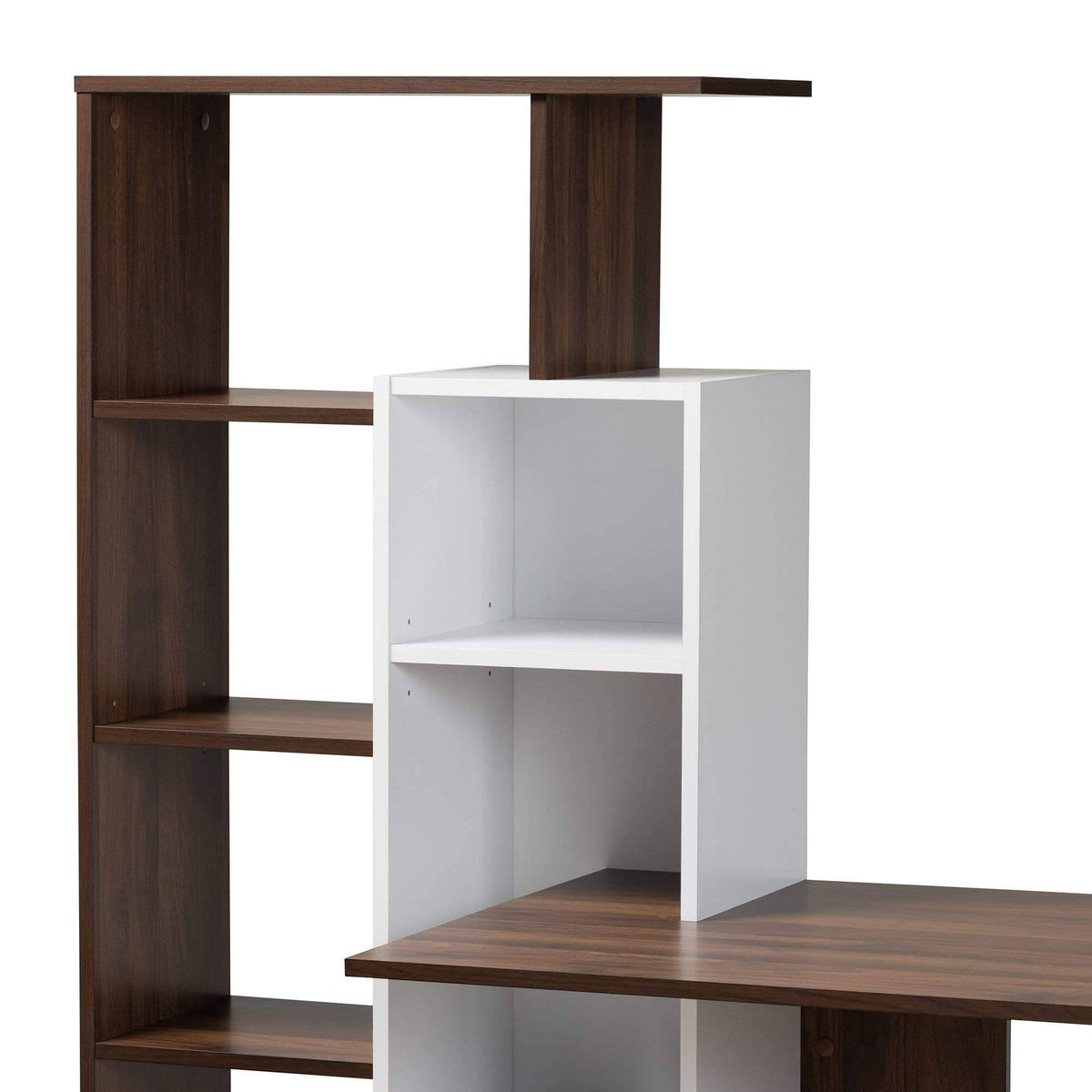 White & Walnut Brown Wood Storage Computer Desk with Shelves U970320