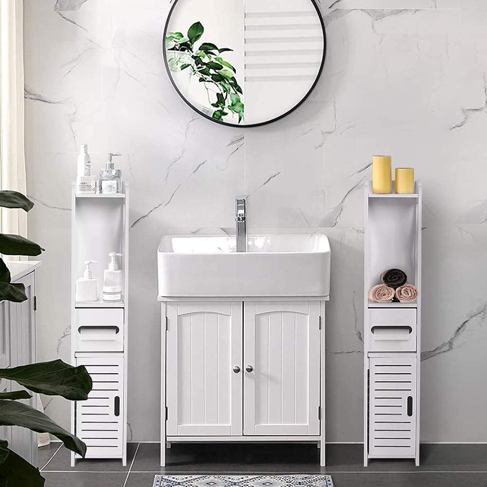 White Bathroom Floor Cabinet Storage Organizer, 31.5 x 6.1 x 5.9 inch J25638