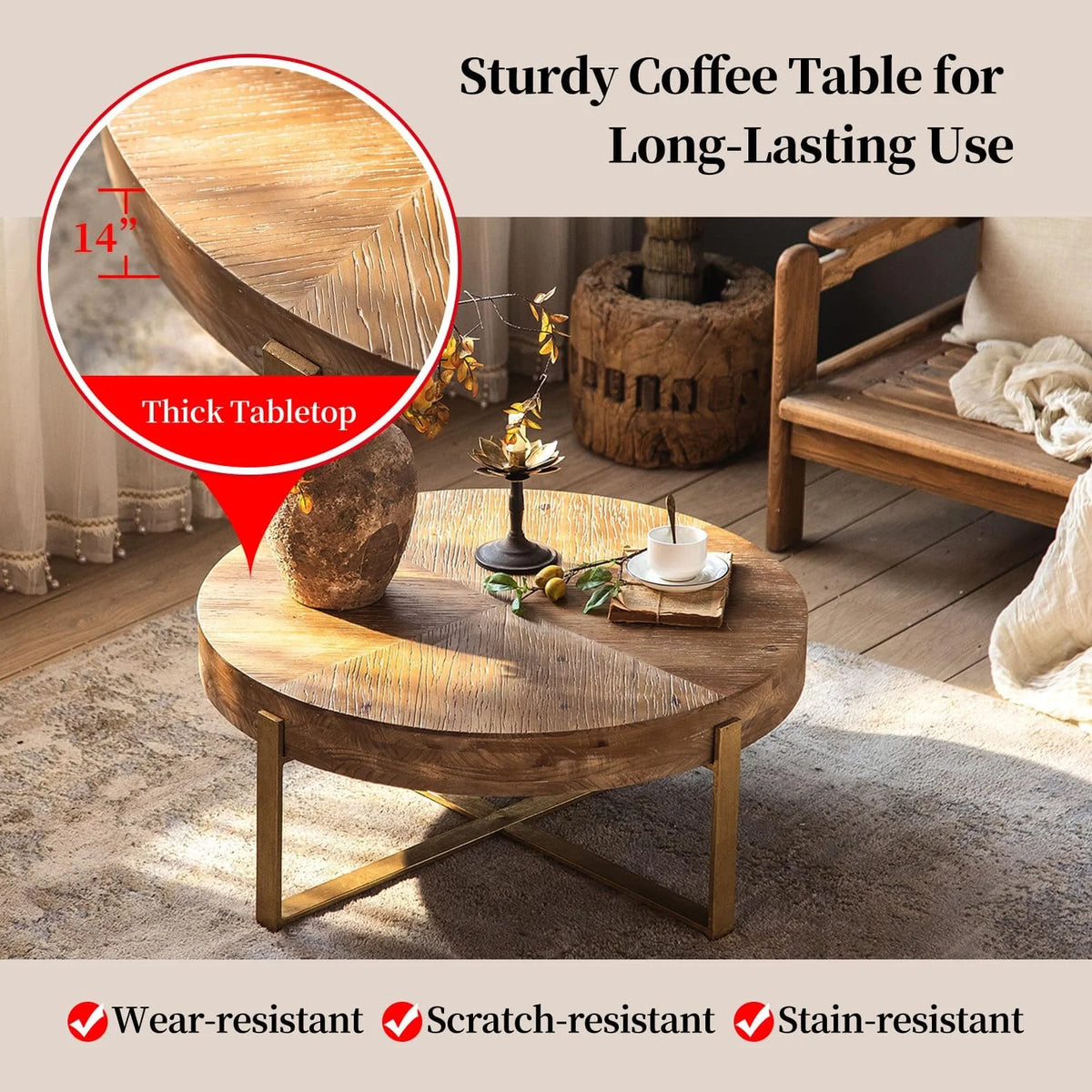 Round Wood Coffee Table with Gold Metal Legs Z869090