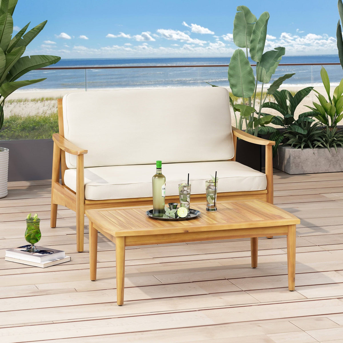2pc Acacia Wood Loveseat Set with Coffee Table - Gray/Dark Gray Q1394