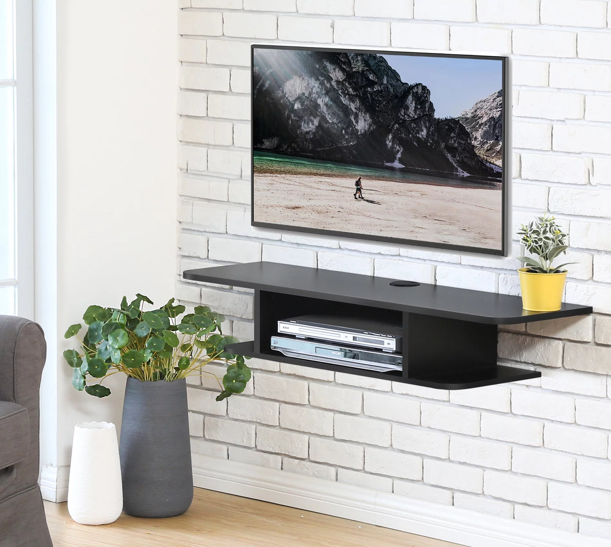 Black Wall Mounted Floating TV Shelf Media Console N645475