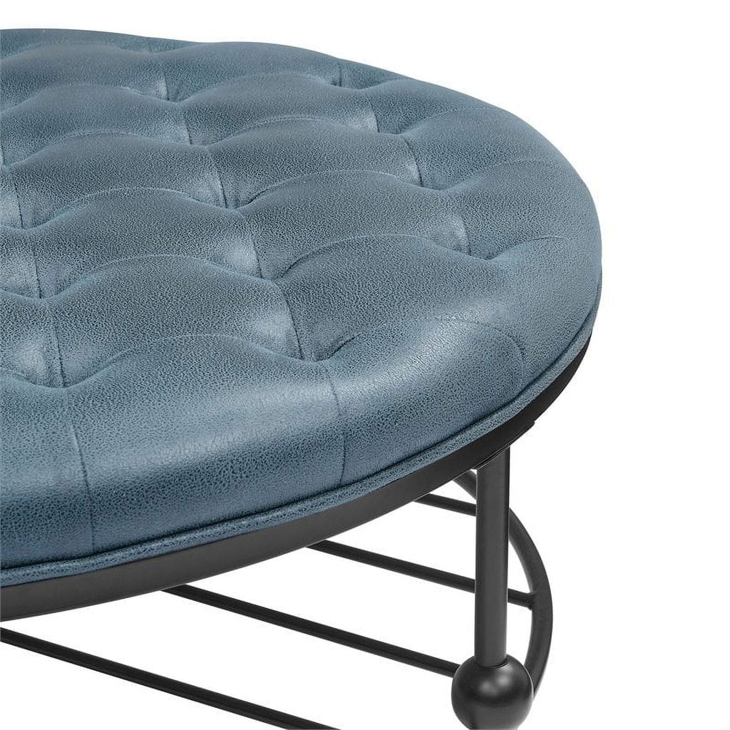 36" Round Faux Leather Tufted Cocktail Ottoman in Blue X905739