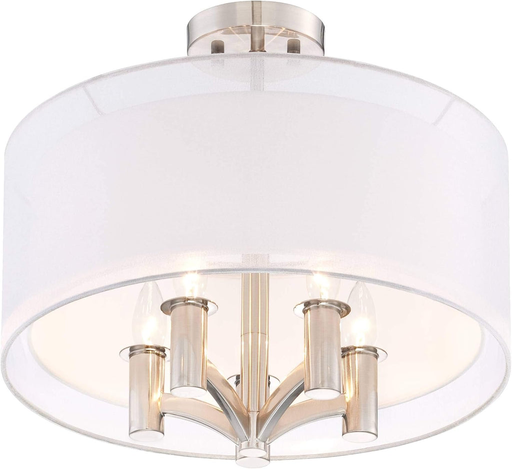 Semi Flush Mount Ceiling Light Brushed Nickel 18 Wide 5-Light White Linen Double Drum Shade S184