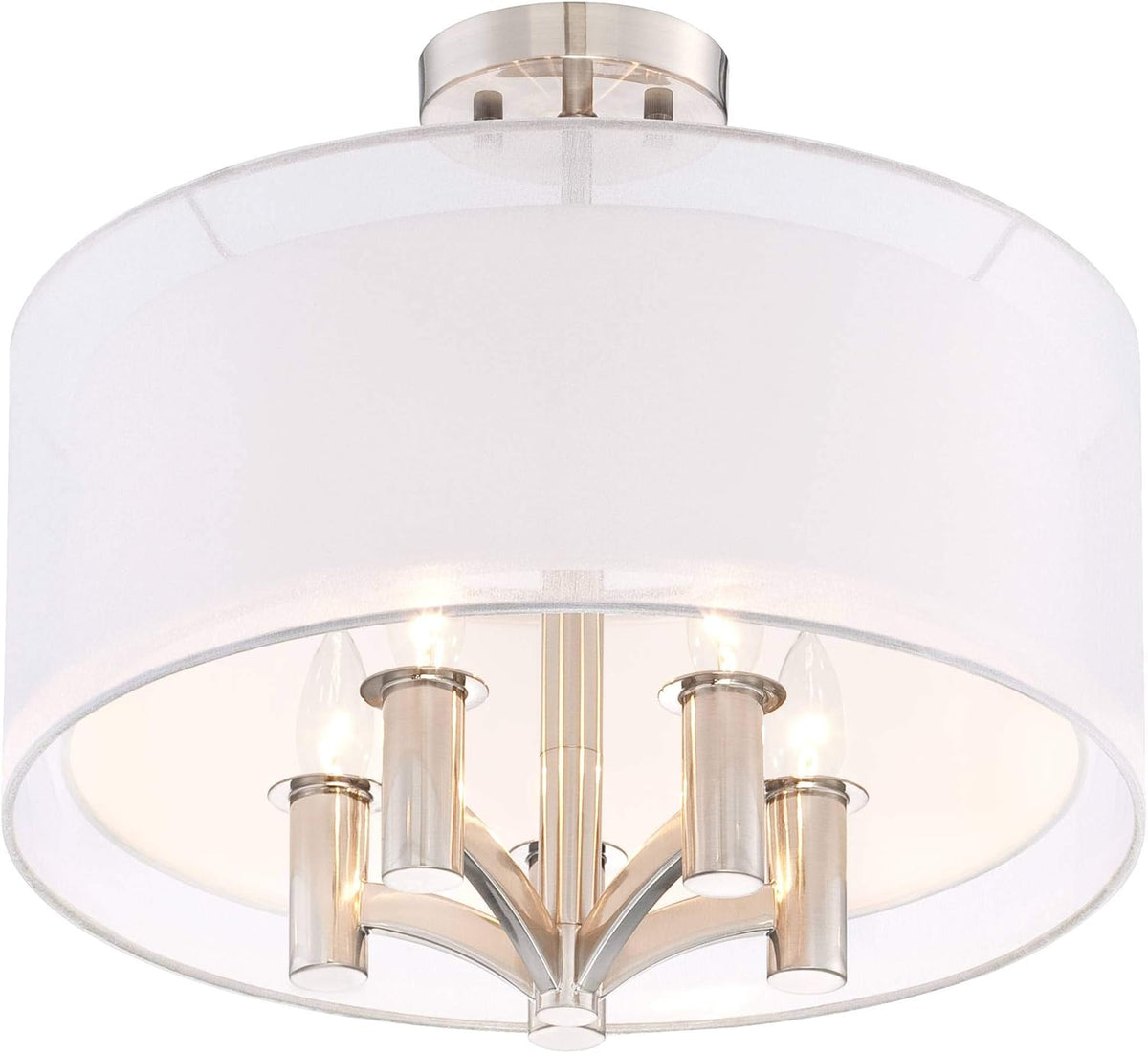 Semi Flush Mount Ceiling Light Brushed Nickel 18 Wide 5-Light White Linen Double Drum Shade S184