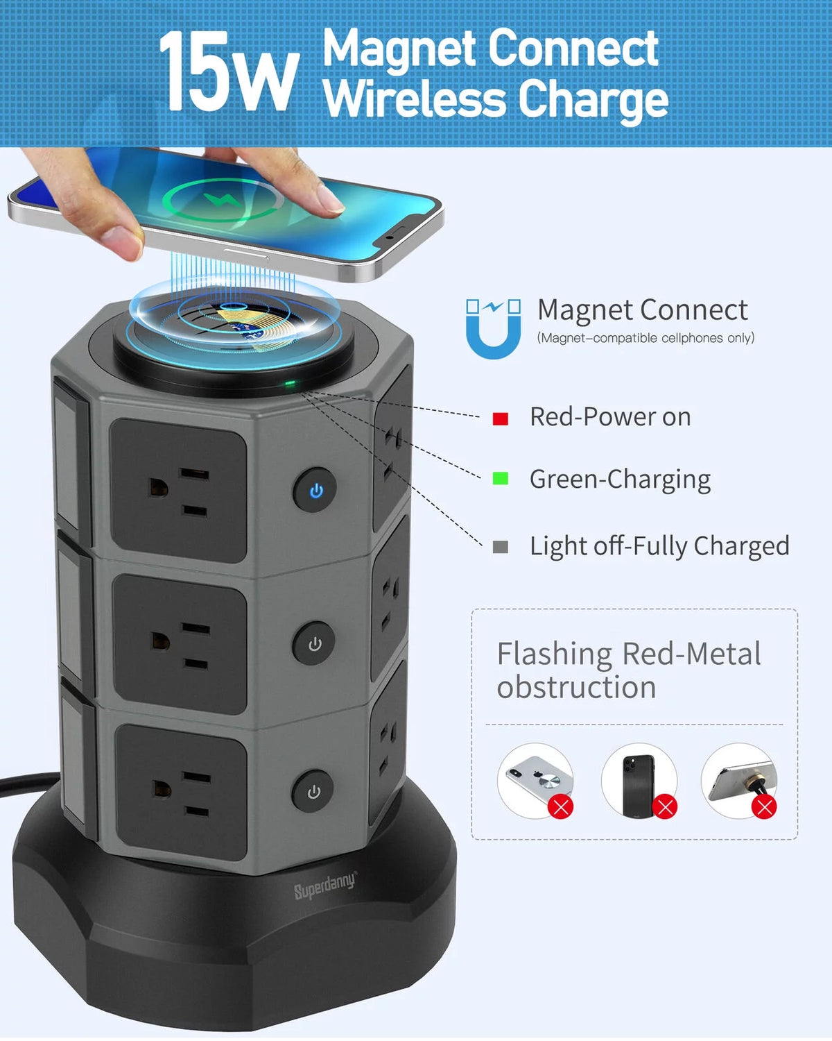 12 AC Outlet 6.5FT Surge Protector Power Strip Tower with USB Ports Z315148