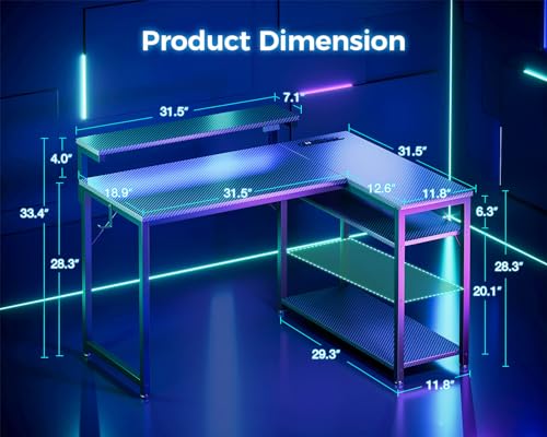 Black L Shaped Gaming Desk with Power Outlet, Height Adjustable Monitor Stand, LED Lights V47139