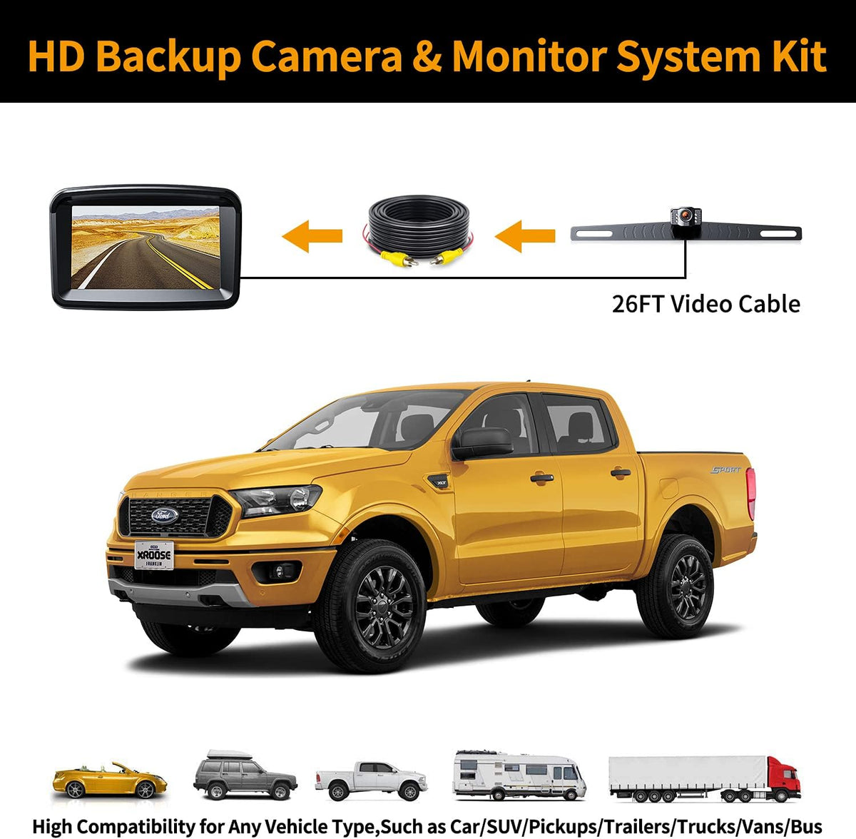 5 Monitor with 1080P Backup Camera for Truck, License Plate 149° Rear View Kits, IP69 Waterproof, Wired Pack of 2 I10939
