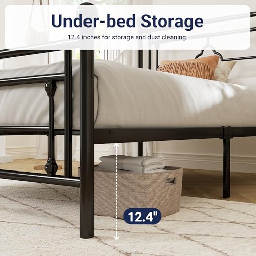 White Full Size Metal Platform Bed Frame with Victorian Headboard and Footboard N986