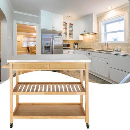 Moveable Kitchen Cart with Stainless Steel Table Top, 2 Drawers, 2 Shelves, Beige R721913
