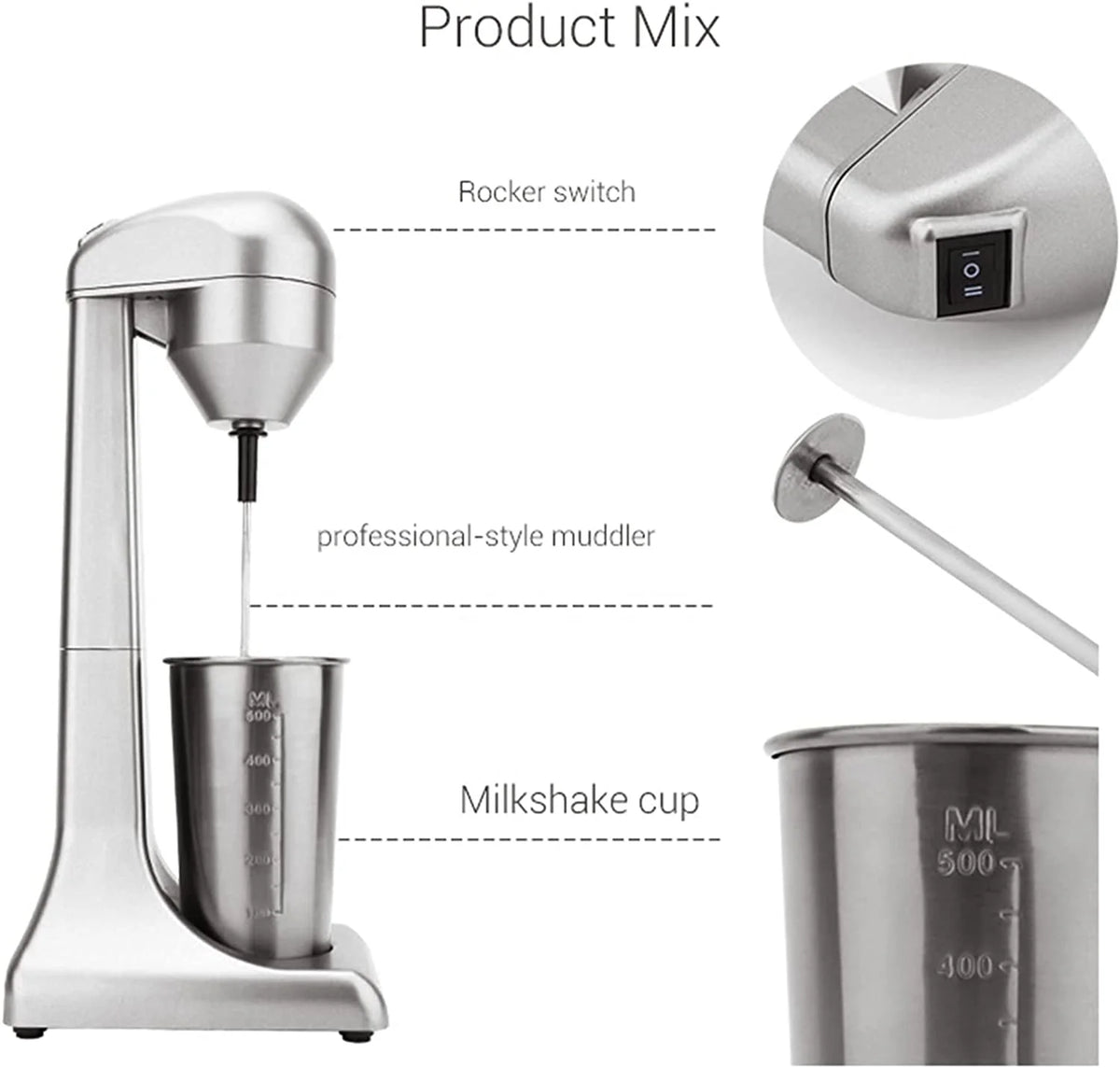 110V 23000RPM Electric Milk Shaker Machine with 500ml Stainless Steel Cup N395184