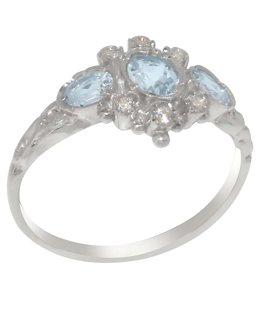 14k White Gold Genuine Natural Aquamarine & Diamond Ring C628