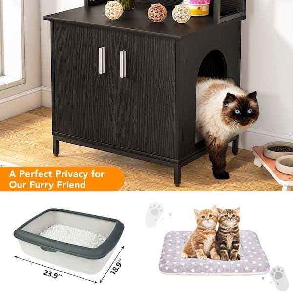 Black Litter Box Enclosure with Shelves and Doors C950