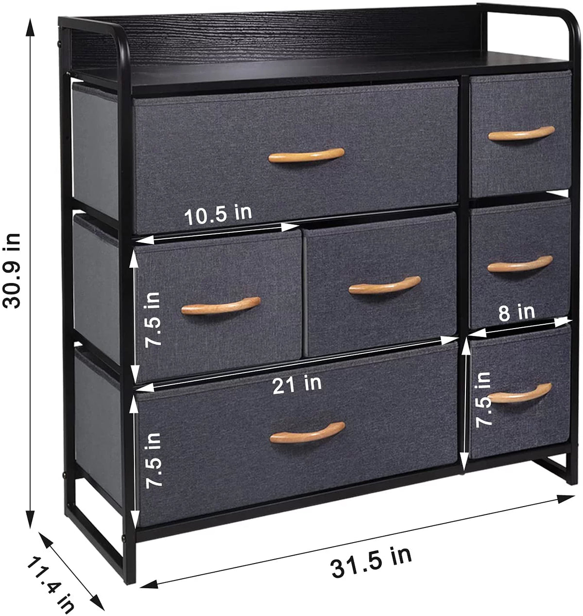 Fabric Storage Dresser with 7 Drawers, Metal Frame and Wooden Top, Dark Grey R56311