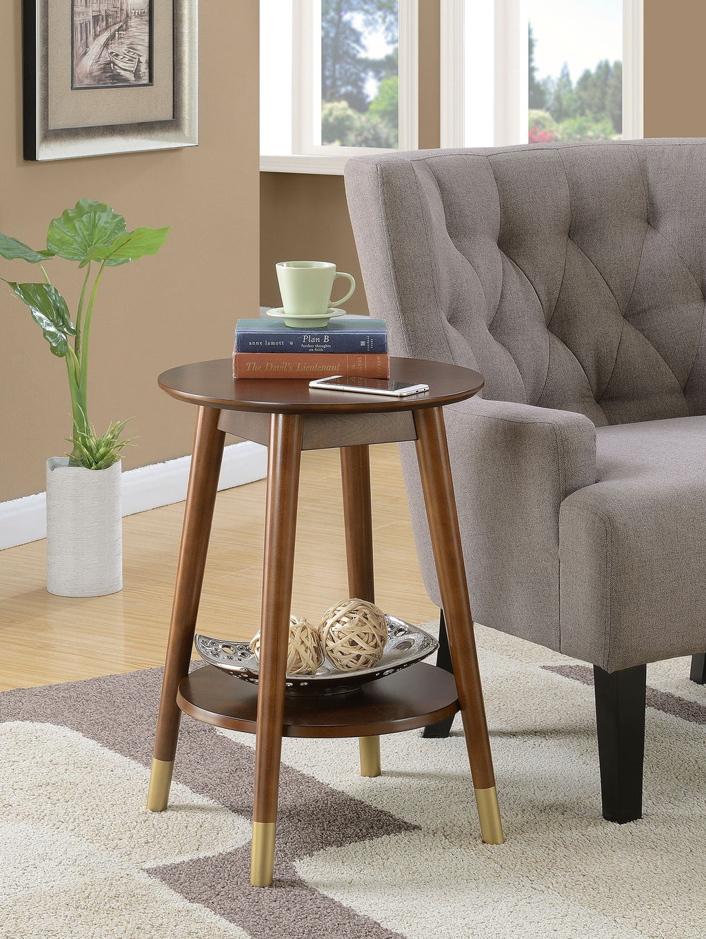 Mid Century Round End Table with Bottom Shelf Z501474