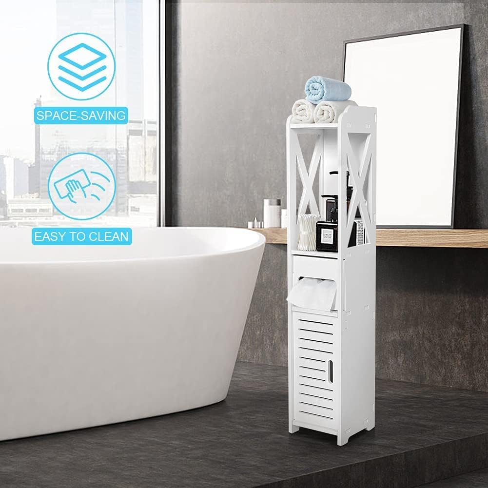 White Bathroom Floor Cabinet Storage Organizer, 31.5 x 6.1 x 5.9 inch J25638