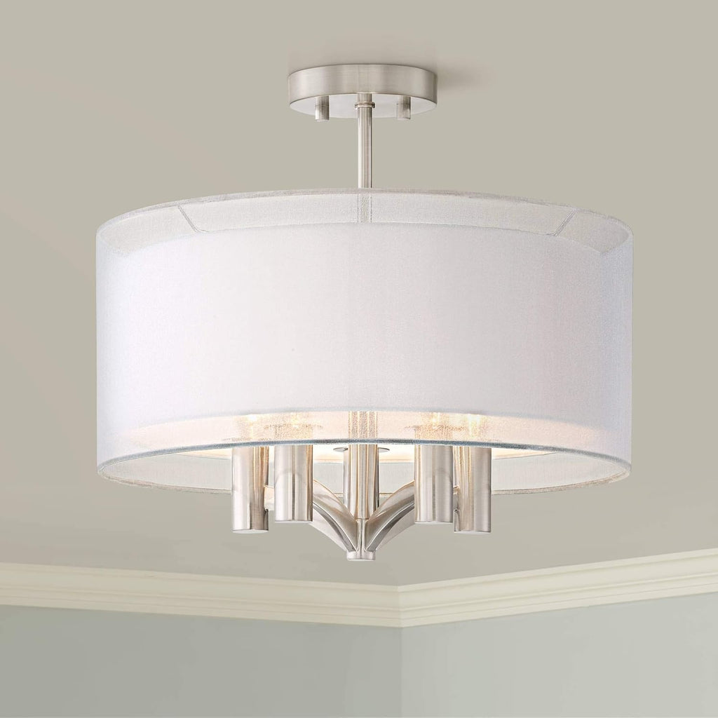Semi Flush Mount Ceiling Light Brushed Nickel 18 Wide 5-Light White Linen Double Drum Shade S184