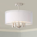 Semi Flush Mount Ceiling Light Brushed Nickel 18 Wide 5-Light White Linen Double Drum Shade S184