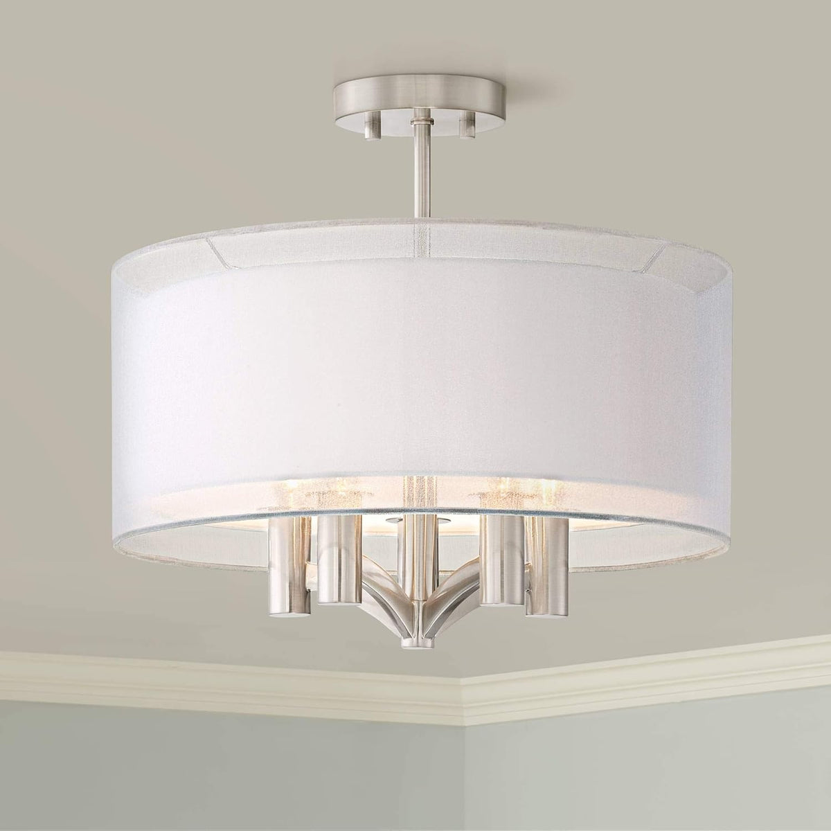 Semi Flush Mount Ceiling Light Brushed Nickel 18 Wide 5-Light White Linen Double Drum Shade S184