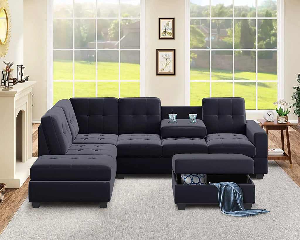Modern Sectional Sofa with Reversible Chaise, L Shaped Couch Set with Storage Ottoman and Two Cup Holders Z938