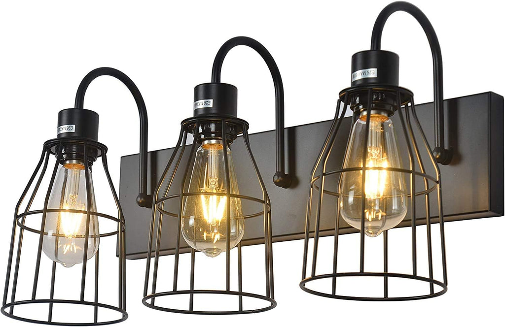 Black 3 Lights Metal Cage Bathroom Vanity Light W7084